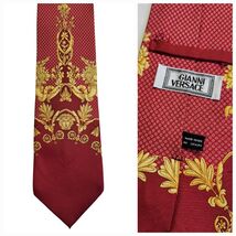 Vintage 90s Gianni Versace Italy Medusa Motif Red &amp; Yellow Silk Tie - $183.15
