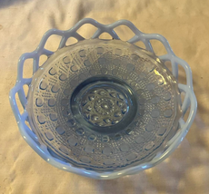 Vtg Imperial Glass Katy Blue Opalescent Glass Lace Edge Round Bowl Dish - £24.35 GBP