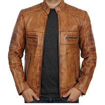 Men&#39;s Cafe Racer Tan Leather Jacket With Multiple Pockets and Gulf Racing Look - £103.11 GBP