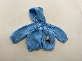 Hand Knitted Baby Boys Button Up Hooded Cardigan Sweater Bear Blue - $9.89
