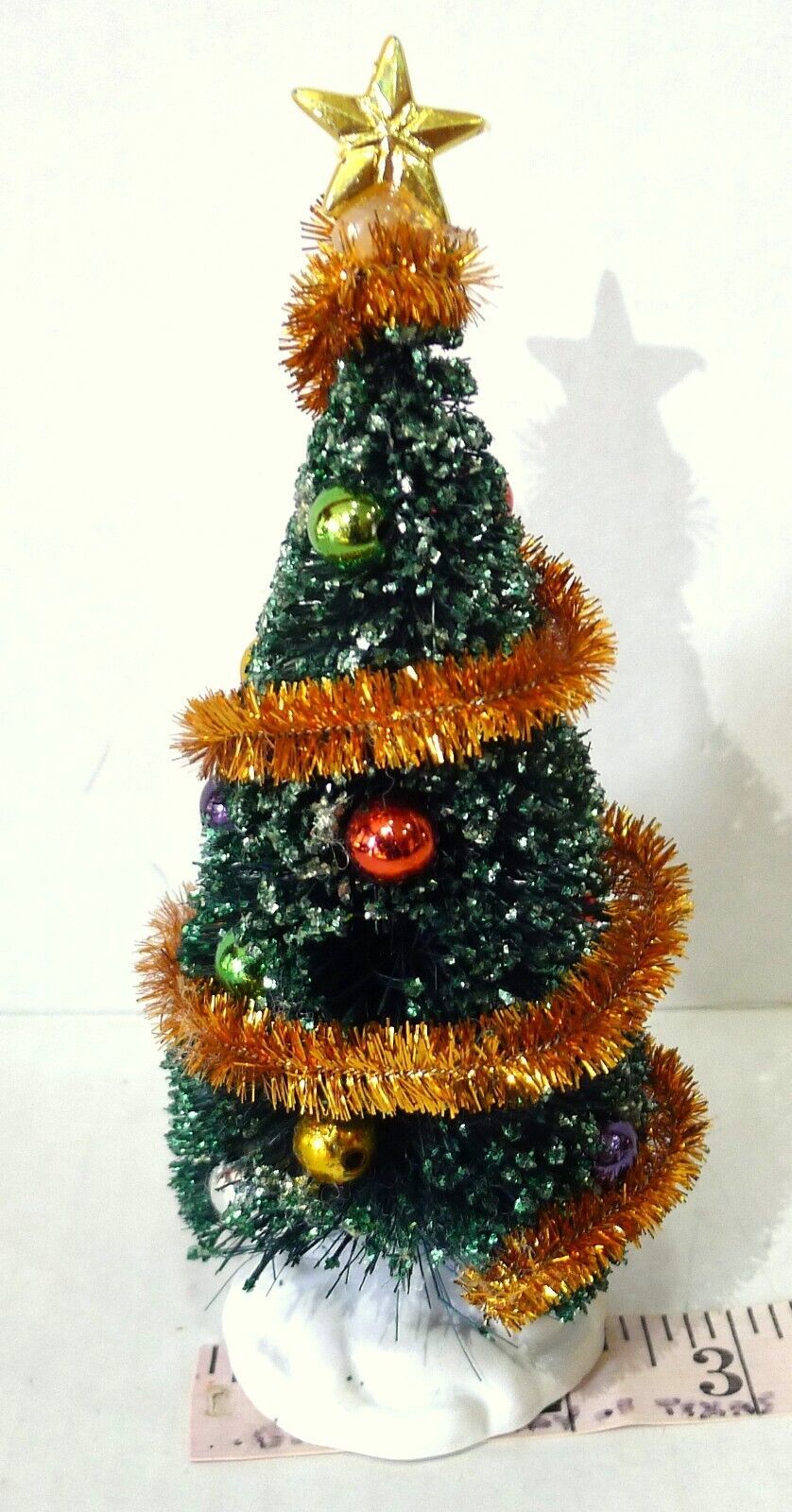 Vintage Lemax Bottle Brush Christmas Tree w/Ornaments - Gold Garland & Star 6.5" - £9.30 GBP