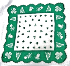 Vintage Cotton Hankie Green &amp; White Saint Patrick&#39;s Day Shamrocks Harps 13&quot; - $10.40