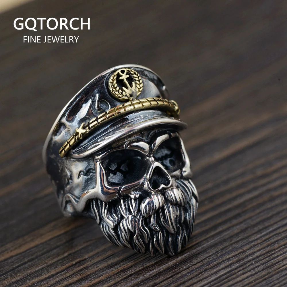 Personalitized Real 925 Sterling Silver Skull Ring Men Adjustable Pirate Captain - £59.93 GBP