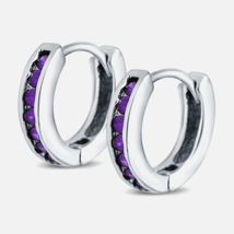 Genuine Amethyst Huggie Hoop Channel Set Earrings in Solid Sterling Silver - £35.05 GBP