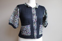 Vtg Ani Barrie MP Petite Black Color Block Cardigan Sweater Cotton Short Sleeve - £22.77 GBP