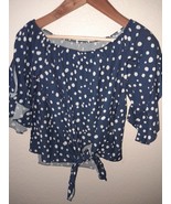 Women&#39;s Navy/White Polka Dot Tie Front Top With Elastic Neckline, Split ... - $27.44 CAD