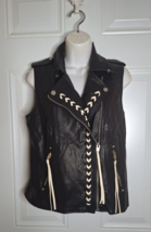 V Cristina Black Faux Leather/Ivory Braided Laced Moto Vest Size Small - $29.44