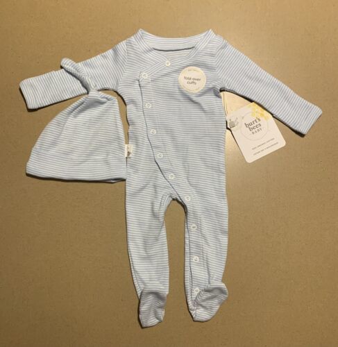 Primary image for Lot of 4 Burt's Bees Micro Stripe Organic Cotton Jumpsuit Knot Hat Set Preemie