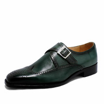 Men Green Monk Burnished Brogue Toe Wing Tip Single Buckle Leather Shoes US 7-16 - £110.59 GBP