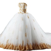 Kivary Strapless Long Ball Gown Ivory and Gold Lace Beaded Wedding Dresses US 8 - $227.69