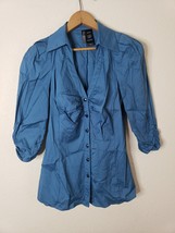 BISOU BISOU  Green Blue FLORAL SHEER 1/2 SLEEVE Button Up SIZE XS Top bl... - $8.99