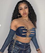 Denim Top Long Sleeves With Metal Chain Slim Straps Sexy Tight Jean Vest - $22.95