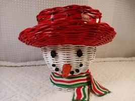 Vtg Christmas LTD Red Wicker Whimsical Snowman Hat Planter Cole Eyes Mouth 9.5&quot;t - £14.91 GBP