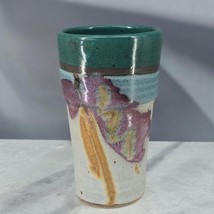 Studio Pottery Tumbler 7&quot; Hand Made Hand-Painted Gray Teal and Purple Drip Glaze - £14.75 GBP