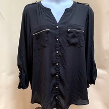 Avenue 22 24 Top Black Sheer Zip Pockets Long Sleeve Epaulets Plus Size Shirt - £15.65 GBP
