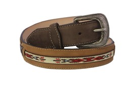 Western Cowboy Belt Brown Leather Aztec Design Removable Buckle Cinto - $29.99