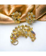Vintage TRIAD gold tone pronged AB rhinestones brooch and clip on earrin... - $150.94