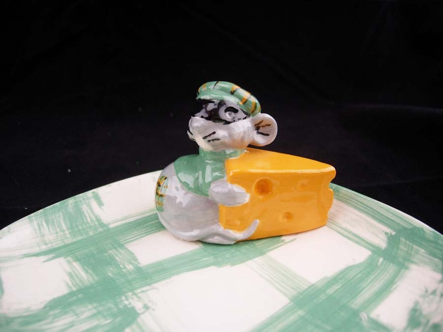 Mouse bandit Vintage Cheese dish Novelty handmade ceramic tray masked mouse iris - $75.00