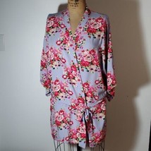 Floral Robe Lavender Flowers Kimono Wrap Tie Short Hip Purple Roses Size XL - £17.23 GBP