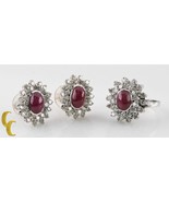 14k White Gold Diamond &amp; Ruby Cabochon Ring and Earring Set Size 6.75 Gift! - £2,878.30 GBP