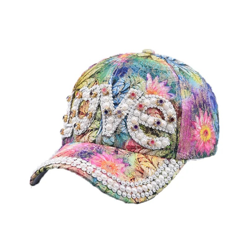 Rhinestone Pearl Love Cap Women's Print Maple Leaf Lace Visor Cap