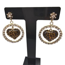Heart Shaped Pierced Earrings Leopard Print Acrylic Clear Rhinestones Hoop Women - £6.26 GBP