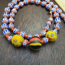 Beautiful Blue chevron and yellow Floral glass beaded necklace Gift - $41.40