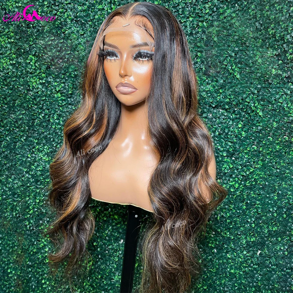 Highlight Brown Wig Human Hair Lace Front Wigs Straight Body Wave For Black - £88.85 GBP+