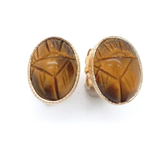 14k Yellow Gold Earrings with Scarab Carved Tiger&#39;s Eye Quartz Jewelry (... - $202.95