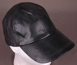 Black Genuine Leather Hat-Baseball Cap-Hook&amp;Loop Back-Biker Surf Skate Street... - £37.59 GBP