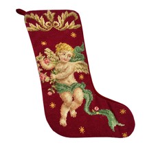 Vtg Embroidered Christmas Stocking With Cherub Design By Imperial Elegance Wool - $18.81