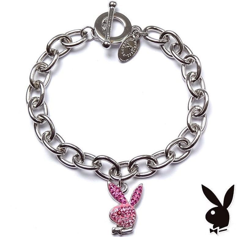 Playboy Bracelet Pink Enamel Bunny Logo Charm Swarovski Crystals Toggle RARE HTF - $49.69