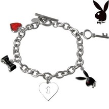 Playboy Charm Bracelet Bunny Heart Lock Key Bow Tie Toggle Platinum Plated RARE - £39.84 GBP