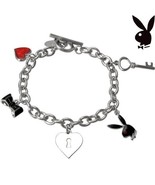 Playboy Charm Bracelet Bunny Heart Lock Key Bow Tie Toggle Platinum Plat... - £39.26 GBP