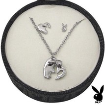 Playboy Jewelry Set Necklace Earrings Heart Bunny Platinum Plated Jewelry Box - £40.34 GBP