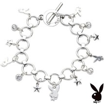 Playboy Bracelet Bunny Charm Stars Swarovski Crystals Toggle Clasp Platinum Pltd - $39.69