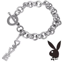 Playboy Bracelet Bunny LOVE Charm Swarovski Crystals Toggle Platinum Pla... - $33.69