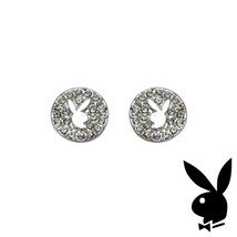 Playboy Earrings Bunny Logo Swarovski Crystals Round Studs Platinum Plated , Box - £26.62 GBP