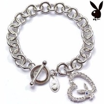 Playboy Bracelet Bunny Open Heart Charm Swarovski Crystals Toggle Clasp RARE HTF - £20.87 GBP