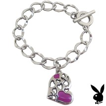 Playboy Bracelet Heart Bunny Charm Pink Enamel Toggle Platinum Plated RA... - £23.73 GBP