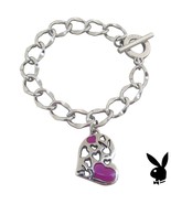 Playboy Bracelet Heart Bunny Charm Pink Enamel Toggle Platinum Plated RA... - $41.19 CAD