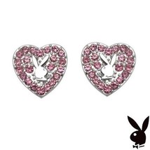 Playboy Earrings Heart Bunny Studs Pink Swarovski Crystals Platinum Plat... - $19.69