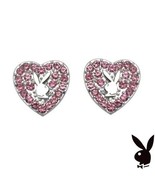 Playboy Earrings Heart Bunny Studs Pink Swarovski Crystals Platinum Plat... - £15.55 GBP