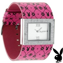 Playboy Watch Bunny Pink Leather Band Swarovski Crystal Stainless Steel ... - $89.69