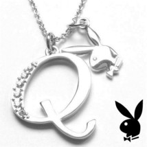 Playboy Necklace Initial Letter Q Pendant Bunny Charm Crystals Platinum Plated - $49.69