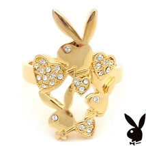 Playboy Ring Hearts Bunny Logo Swarovski Crystals Gold Plated Size 8 RARE HTF - £43.85 GBP