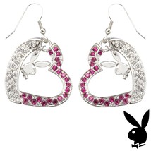 Playboy Earrings Bunny Heart Charms Dangle Pink Swarovski Crystals Box RARE HTF - $33.69