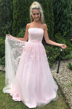 Pink Tulle A-line Strapless Prom Dress With Lace Appliques,Evening Dress,Graduat - £140.66 GBP