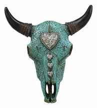 10&quot;L Southwest Steer Bison Bull Cow Skull Turquoise With Scroll Heart Wall Decor - £35.12 GBP