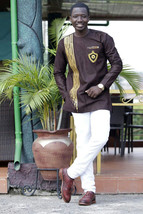 Brown &amp; Golden Strips Embroidered Long Sleeve Shirt Men&#39;s African Clothing  - £43.33 GBP+